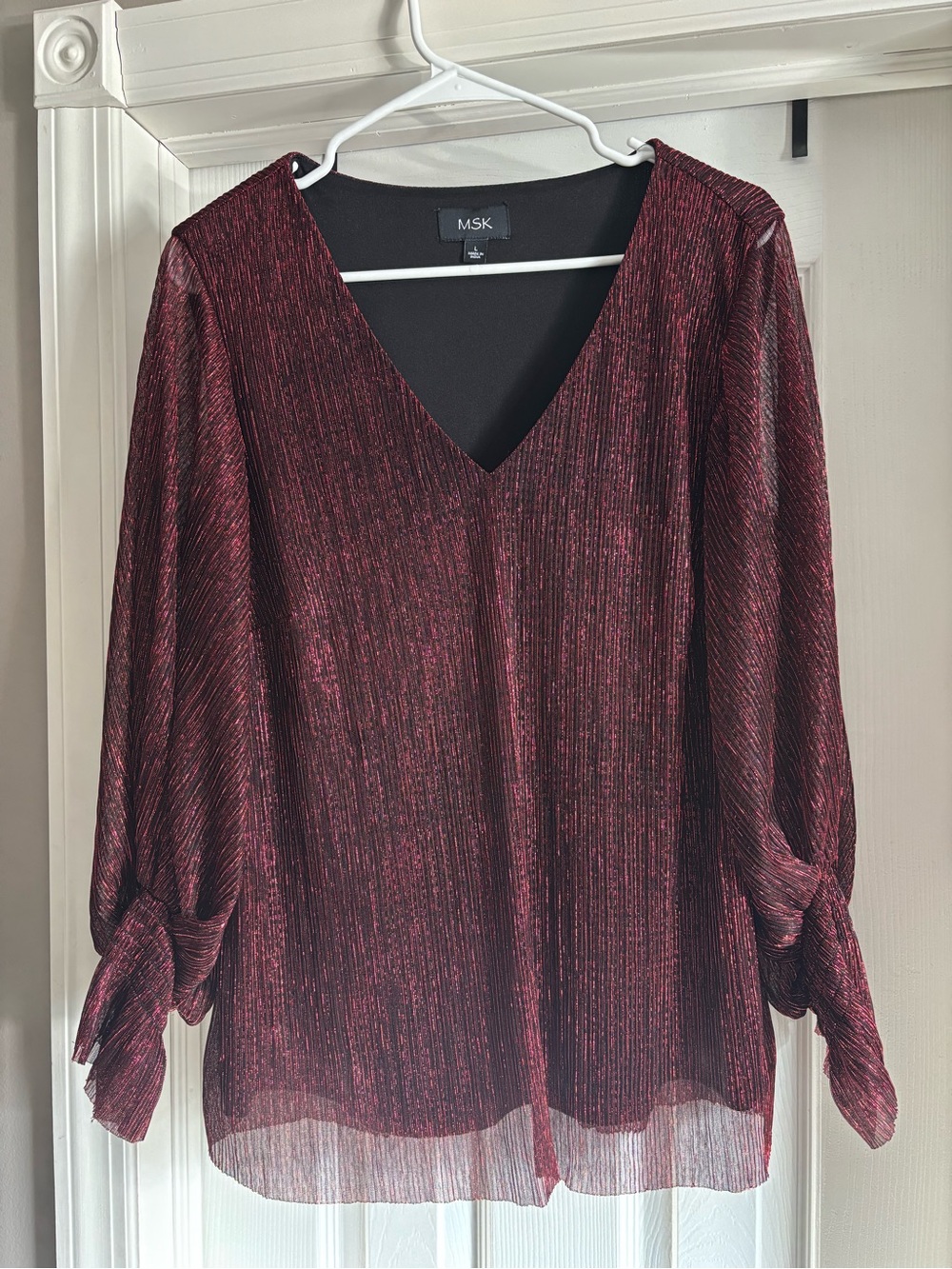 MSK Women's Burgundy Metallic V-Neck Blouse with Tie Sleeves